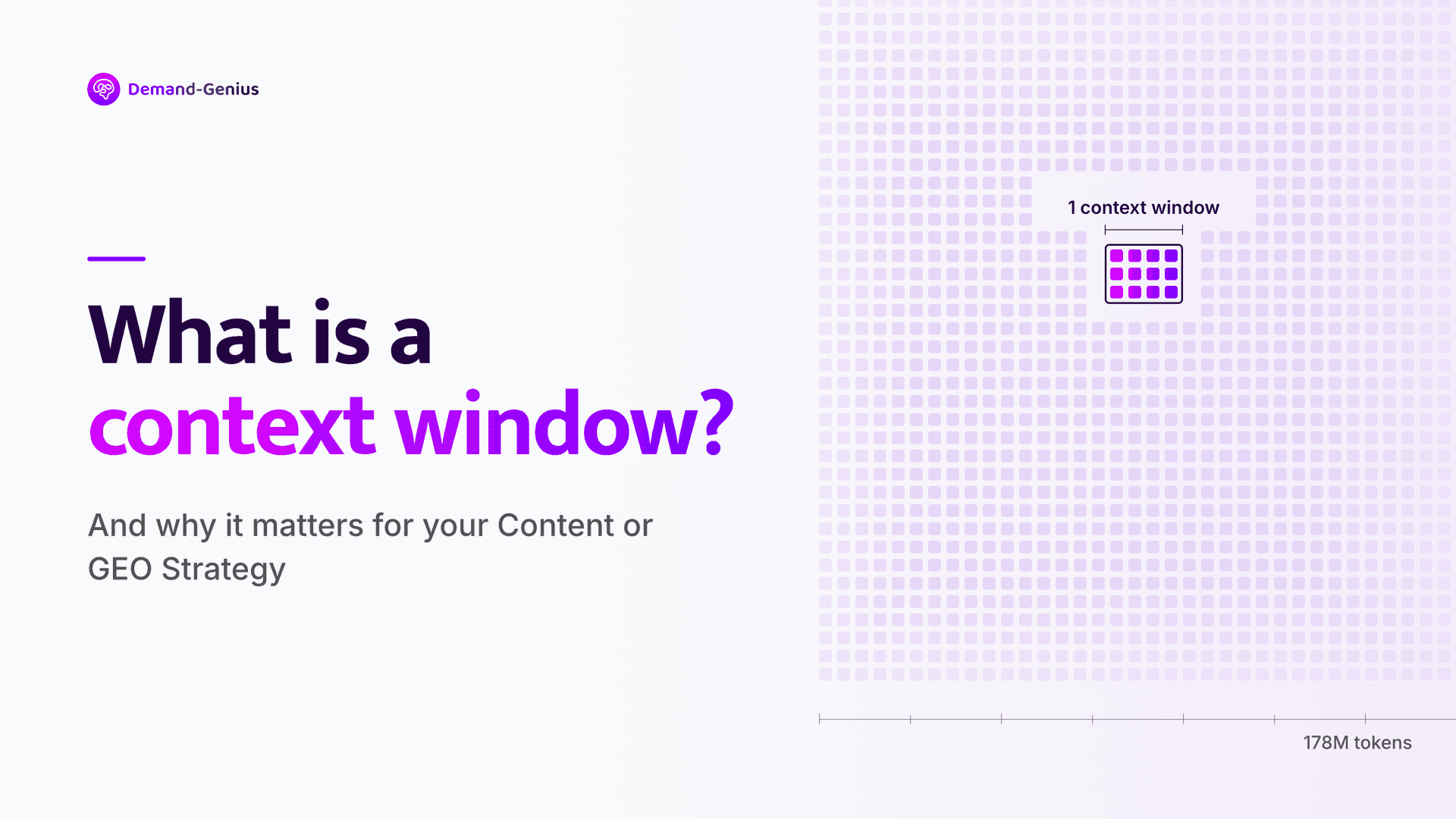What is a context window and why it matters for your content or GEO strategy: Demand-Genius graphic showing one context window against 178M tokens