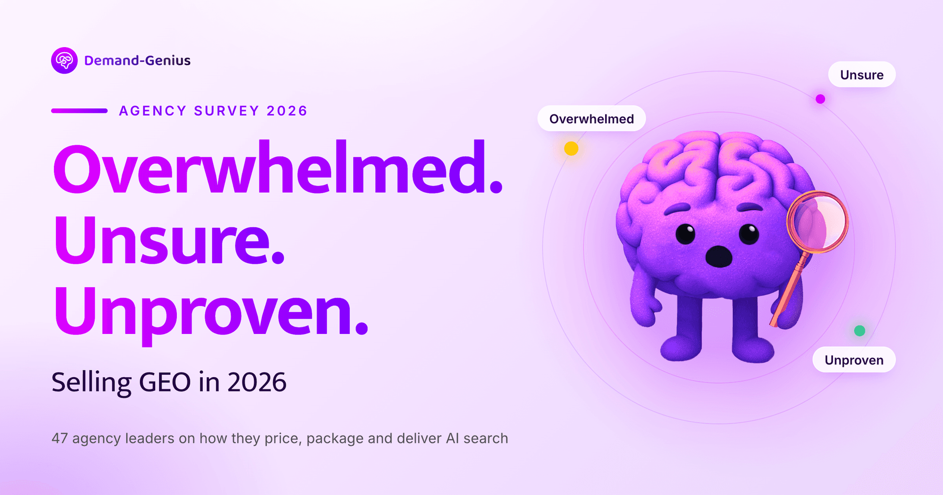 Demand-Genius Agency Survey 2026 cover: "Selling GEO in 2026", based on 47 agency leaders on how they price, package and deliver AI search, with a confused purple brain mascot holding a magnifying glass.