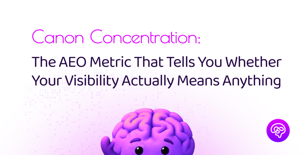 Blog thumbnail for Demand Genius article introducing canon concentration as an AEO metric to evaluate whether your AI search visibility translates into real business impact