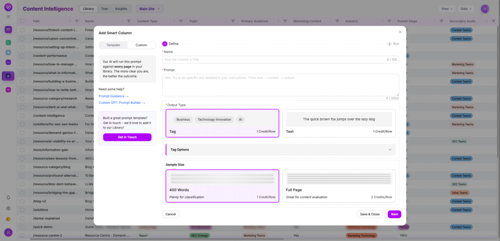 Demand-Genius Add Smart Column interface — defining a custom AI prompt with output type and sample size options to run analysis across a content library
