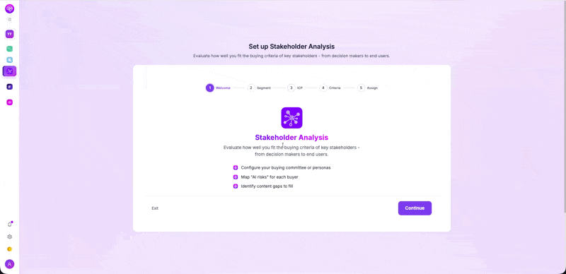 Demand-Genius stakeholder segment setup — building out a buying committee by target segment to map AI brand perception against each member's priorities