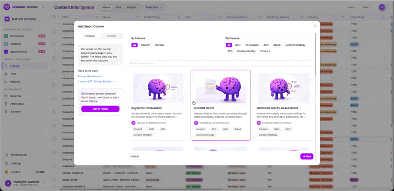 Demand-Genius Smart Column setup — selecting an AI content analysis template to run automatically across a content library