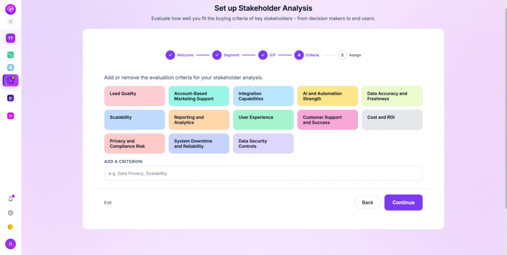 Demand-Genius stakeholder analysis criteria step — selecting and customising the evaluation priorities mapped against each buying committee member, such as lead quality, integration capabilities, and cost and ROI