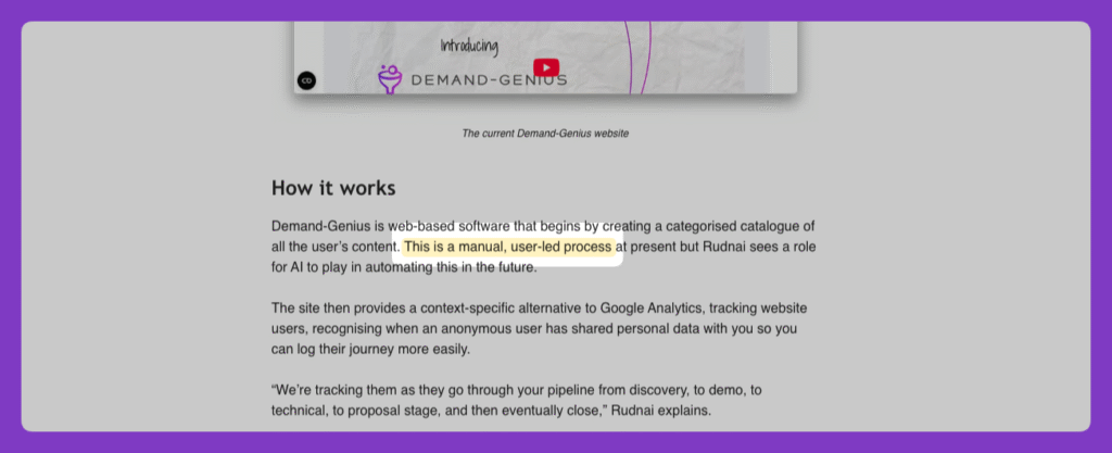 Pre-Seed Now article describing Demand-Genius setup as a manual, user-led process — the source ChatGPT still references
